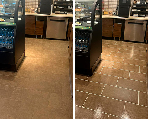 Coffeehouse Floor Before and After Our Hard Surface Restoration Services in Allentown, PA