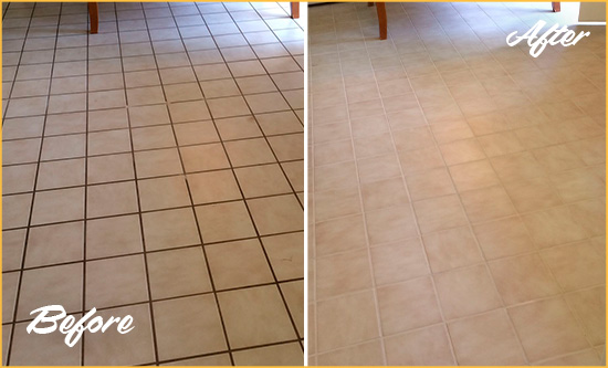 Before and After Picture of a Horsham Kitchen Tile and Grout Cleaned to Remove Embedded Dirt