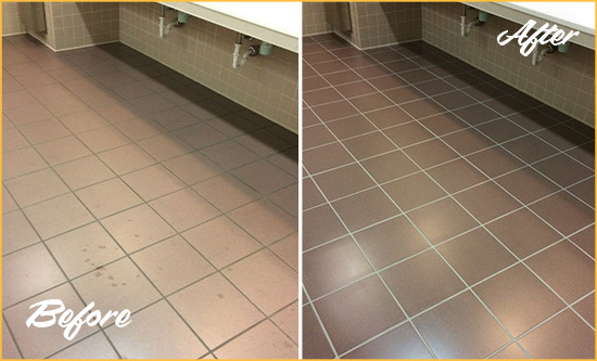 Before and After Picture of a Jamison Restrooms Tile and Grout Cleaned to Remove Embedded Dirt