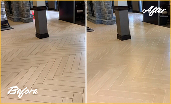 Before and After Picture of a Creamery Office Floor Tile and Grout Cleaned to Remove Stains