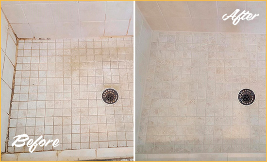 Before and After Picture of a Huntingdon Valley Shower Caulked to Fix Cracks
