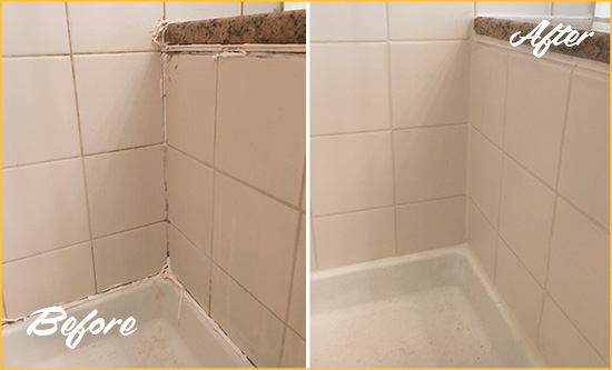 Before and After Picture of a Dresher Shower Caulked to Repair Damaged Caulking