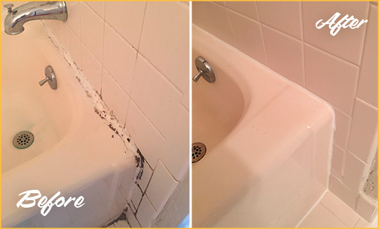 Before and After Picture of a Gardenville Bathroom Sink Caulked to Fix a DIY Proyect Gone Wrong