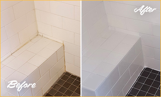 Before and After Picture of a Bryn Athyn Shower Seat Caulked to Protect Against Mold and Mildew Growth