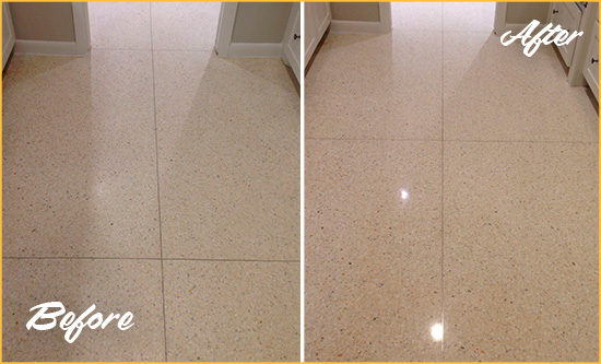 Before and After Picture of a Bensalem Granite Stone Floor Polished to Repair Dullness