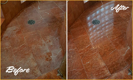 Before and After Picture of a Telford Marble Stone Shower Polished to Eliminate Mineral Deposits