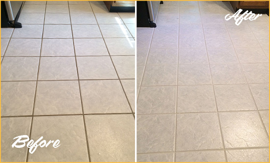 Before and After Picture of a Pipersville Kitchen Ceramic Floor Sealed to Protect From Dirt and Spills