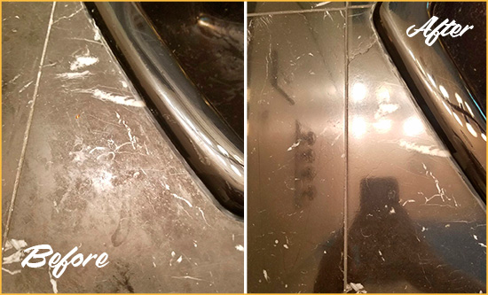 Before and After Picture of a Line Lexington Marble Countertop Cleaned to Remove Deep Dirt