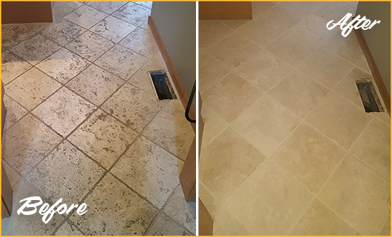 Before and After Picture of a Arcola Kitchen Marble Floor Cleaned to Remove Embedded Dirt