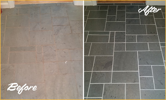 Before and After Picture of a King Of Prussia Slate Floor Cleaned to Remove Deep-Seated Dirt