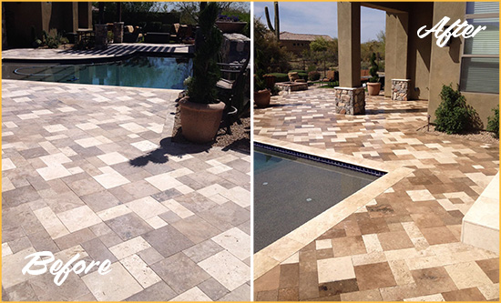 Before and After Picture of a Dull Woxall Travertine Pool Deck Cleaned to Recover Its Original Colors