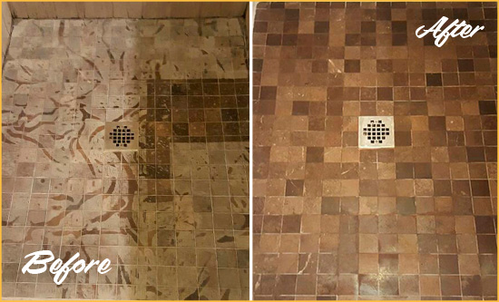 Before and After Picture of a Stained Richlandtown Marble Shower Floor Cleaned to Remove Etching