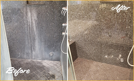 Before and After Picture of a Red Hill Granite Shower Cleaned to Remove Mineral Deposits
