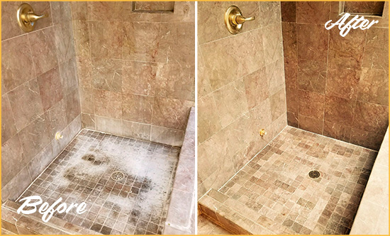 Before and After Picture of a Silverdale Travertine Shower Cleaned to Eliminate Water Spots