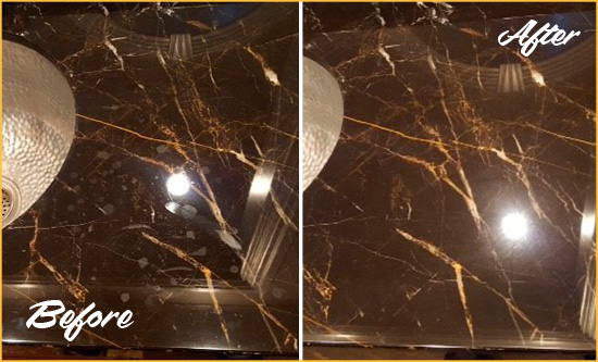Before and After Picture of a Langhorne Marble Countertop Cleaned to Remove Water Spots