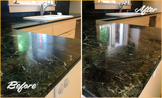 Before and After Picture of a Spring House Marble Kitchen Countertop Honed to Remove Water Marks