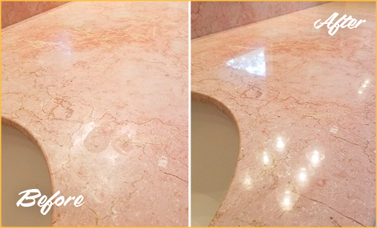 Before and After Picture of a Langhorne Marble Vanity Top Honed to Eliminate Water Spots