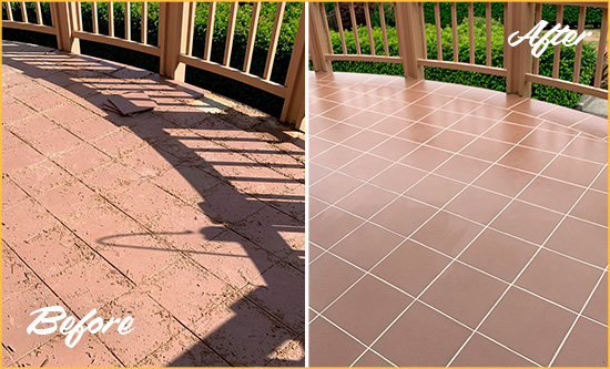 Before and After Picture of a Rushland Hard Surface Restoration Service on a Tiled Deck