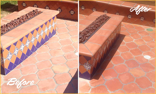 Before and After Picture of a Langhorne Hard Surface Restoration Service on a Dull Terracotta Patio Floor to Recover Its Color