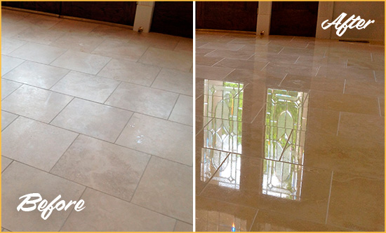 Before and After Picture of a King Of Prussia Hard Surface Restoration Service on a Dull Travertine Floor Polished to Recover Its Splendor