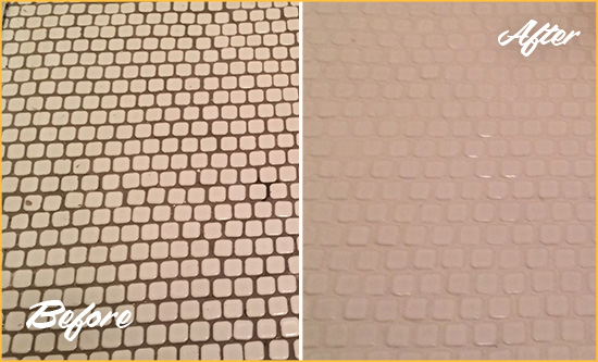 Before and After Picture of a King Of Prussia Hard Surface Restoration Service on a Bathroom Tile Floor Recolored to Fix Grout Color