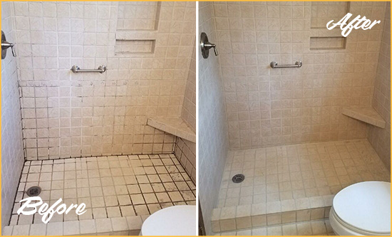 Before and After Picture of a Warrington Shower Grout Cleaned to Remove Mold
