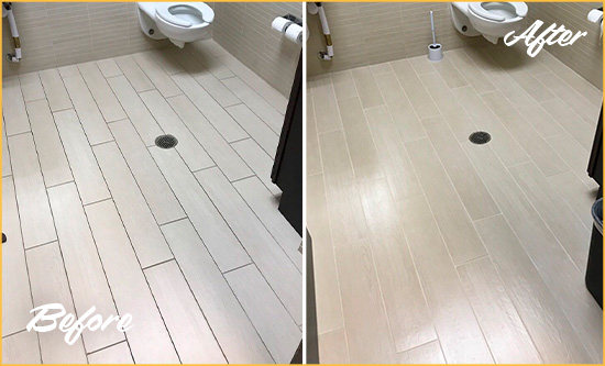 Before and After Picture of a Fairview Village Office Restroom's Grout Cleaned to Remove Dirt