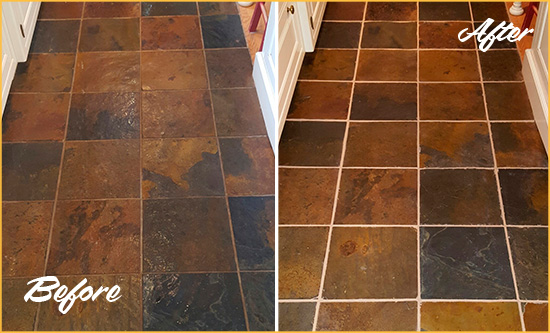 Before and After Picture of Horsham Slate Floor Grout Cleaned to Remove Dirt