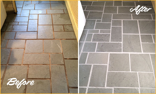 Before and After Picture of Damaged Springtown Slate Floor with Sealed Grout