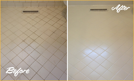 Before and After Picture of a Telford White Bathroom Floor Grout Sealed for Extra Protection