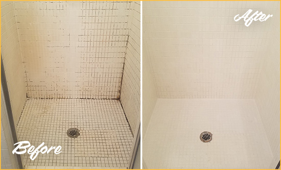 Before and After Picture of a Line Lexington Bathroom Grout Sealed to Remove Mold