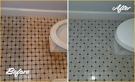 Before and After Picture of a Rushland Bathroom Floor Cleaned to Remove Embedded Dirt