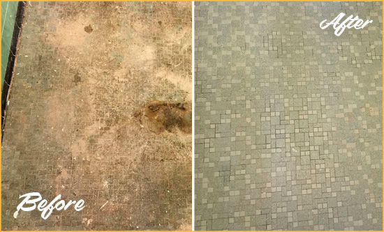 Before and After Picture of a Silverdale Mosaic Shower Cleaned to Eliminate Embedded Dirt