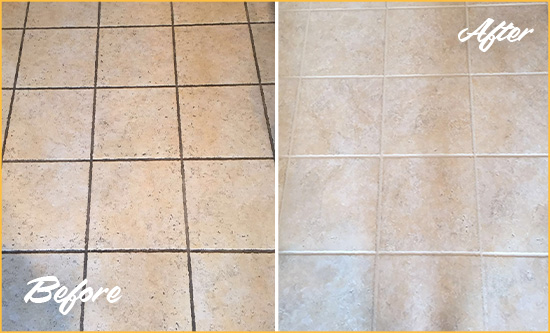 Before and After Picture of a Mont Clare Ceramic Floor Cleaned to Remove Soil