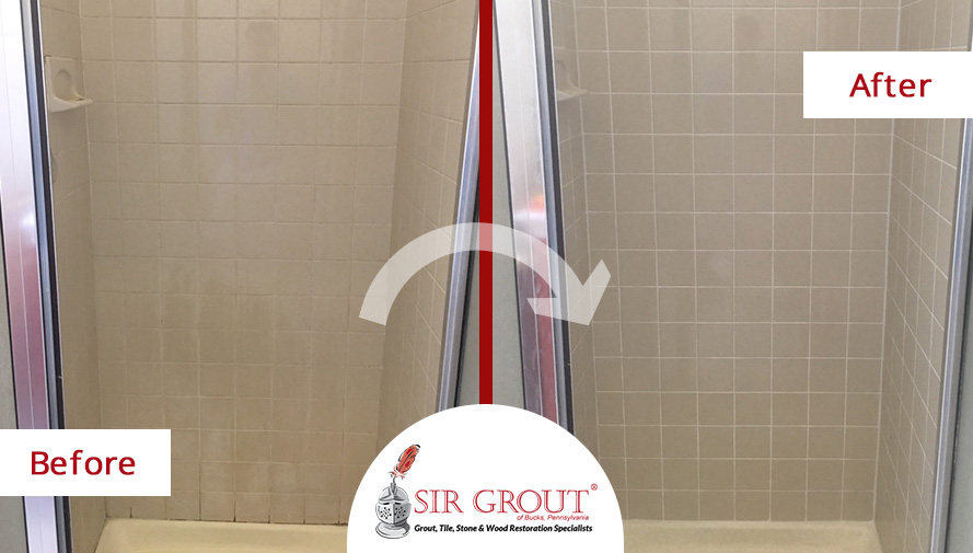 Before and After Picture of a Bathroom Grout Cleaning Service in Chalfont, Pennsylvania