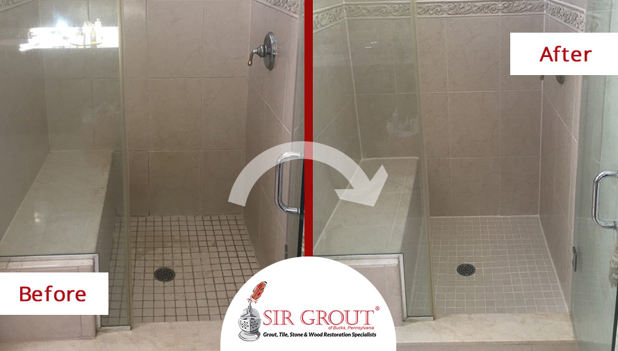 Before and After Picture of a Shower Floor Grout Recoloring Service in Blue Bell, PA
