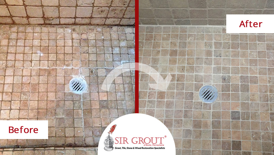 Before and After Picture of a Shower Stone Cleaning Service in Southamptom, Pennsylvania