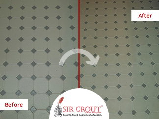 Before and After Picture of a Grout Recoloring Service in Newtown, Pennsylvania
