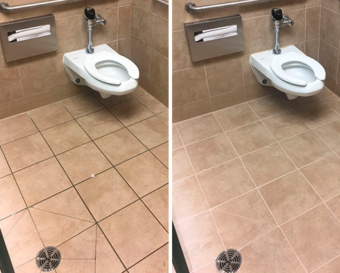 Before and After Picture of a Ladies' Room Grout Cleaning Service in Montgomeryville, Pennsylvania