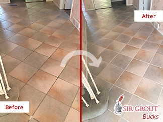Before and After Picture of a Hall Tile Floor Grout Sealing Service in Philadelphia, Pennsylvania
