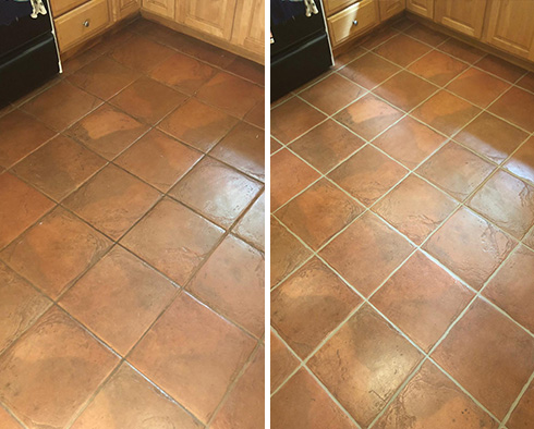 Before and After Picture of a Ceramic Tile Kitchen Floor Grout Sealing Service in Huntingdon Valley, PA