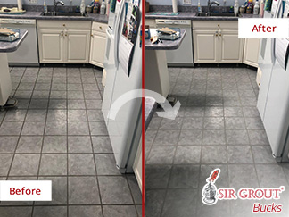Before and after Picture of a Grout Cleaning Job in Richboro, PA