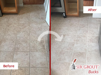 Before and After Picture of This Kitchen Floor After a Grout Sealing Job in Huntingdon Valley, PA