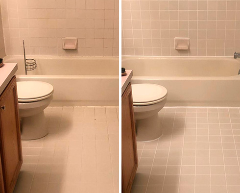 Side to Side Comparison of a Bathroom in Newtown, PA Before and After a Grout Cleaning Service