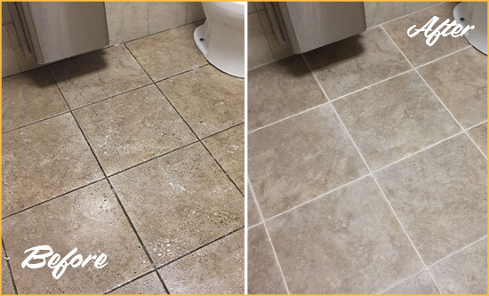 Before and After Picture of a Bathroom Grout Cleaning on an Office Restroom