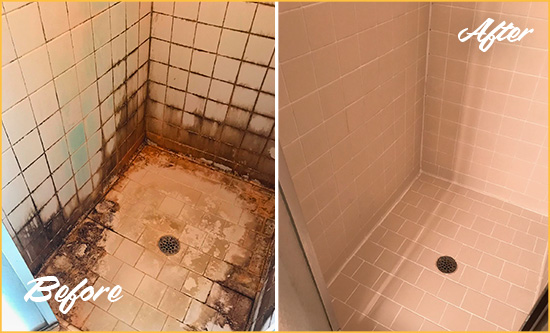 Sir Grout Restored this Shower Grout to Prevent Water Damage Before and After Picture of a Shower Grout Restoration Service
