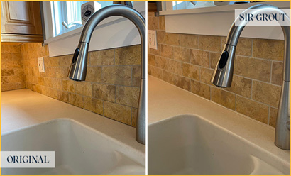 Sir Grout Caulked This TKitchen Backsplash to Prevent Water Damage Before and After Picture of a Professional Caulking Service on a Kitchen Backsplash