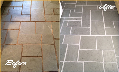 Before and After Picture of Tile Floor with Dirty Groutlines