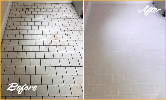 Before and After Picture of Tile and Grout Cleaning Service on a Tiled Kitchen Floor