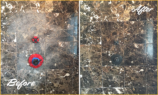 Before and After Picture of a Heavily Scratched Marble Wall Restored